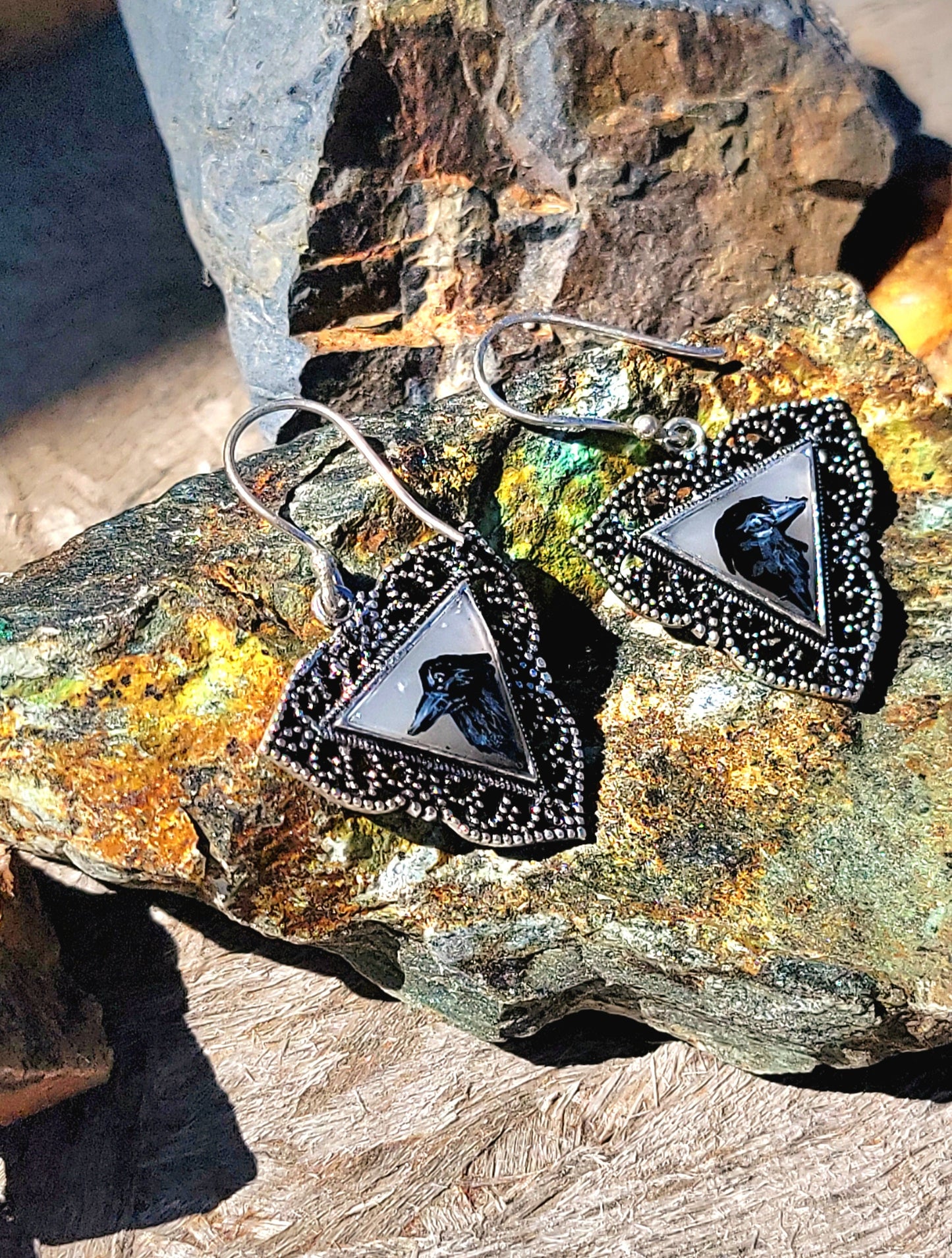 Hand Painted Raven Moonstone Gothic Sterling Silver Earrings