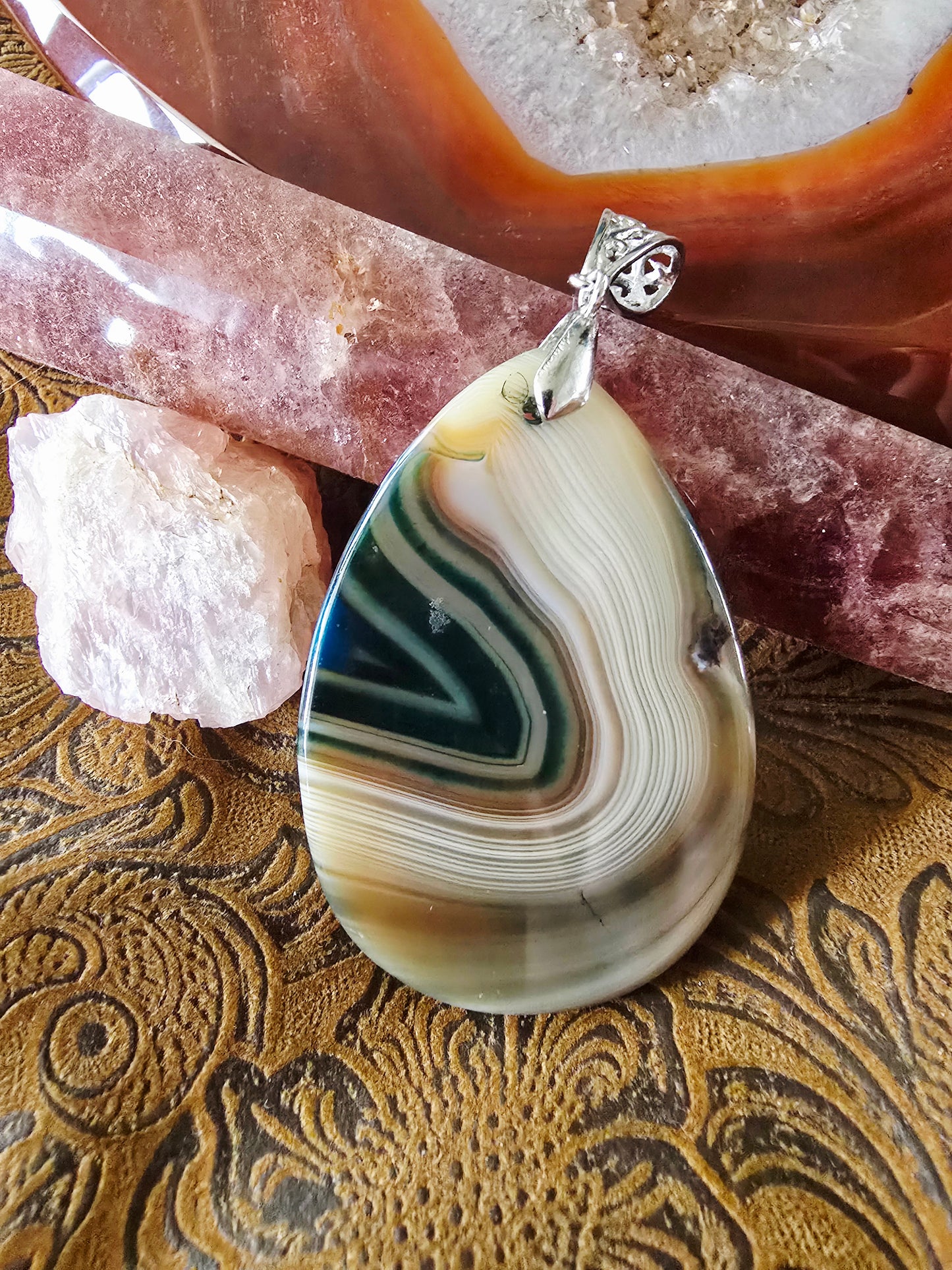 Hand-Painted Arabian Horse Pendant — Botswana Agate