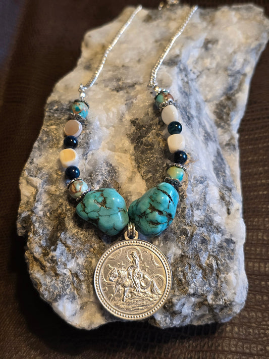 Starlight Rider Cowgirl Reiner Pendant Necklace, Turquoise Nuggets & Imperial Jasper