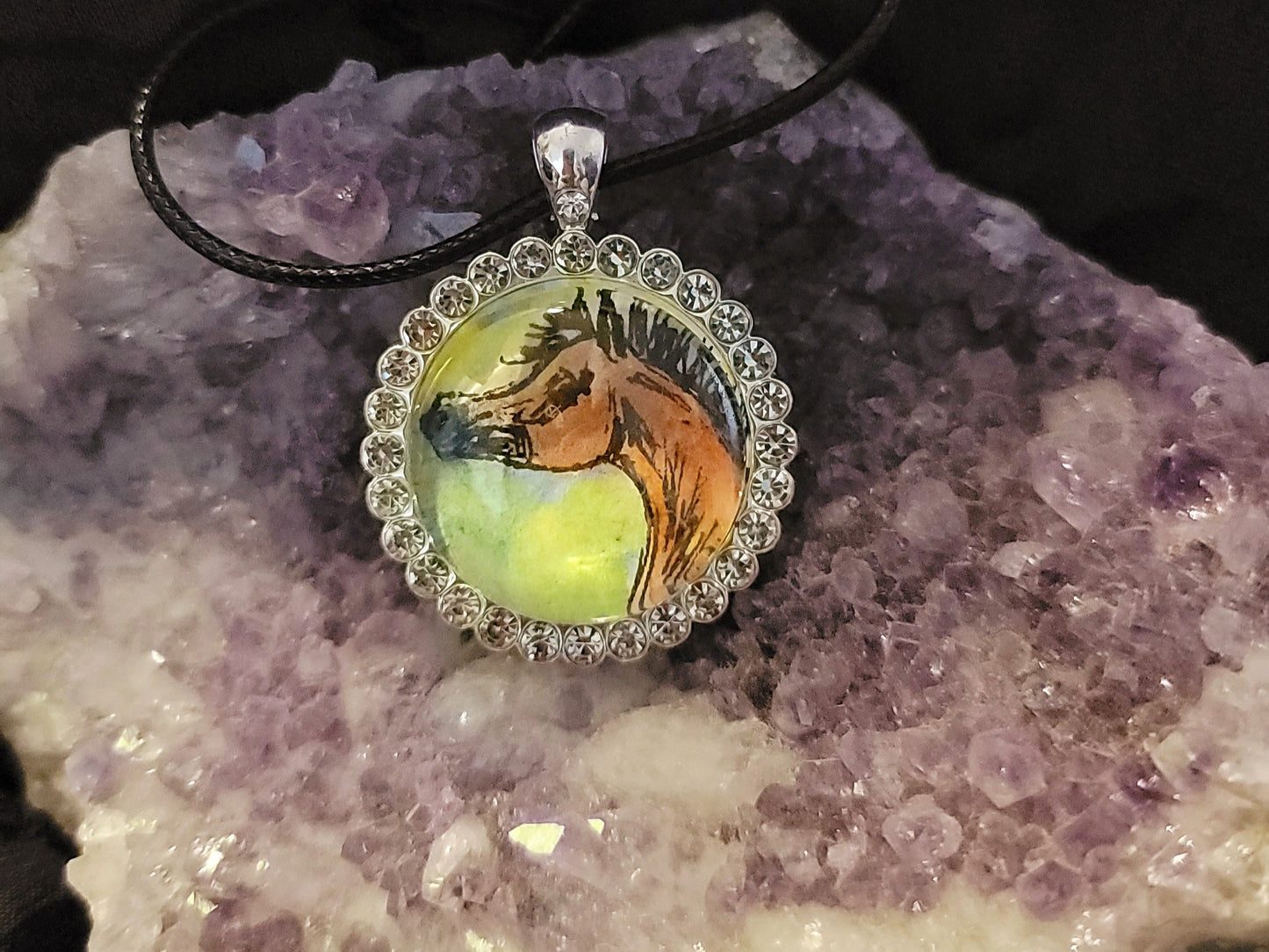 Original Watercolor painting Foal Portrait Pendant – Silver-Plated Rhinestone Bezel