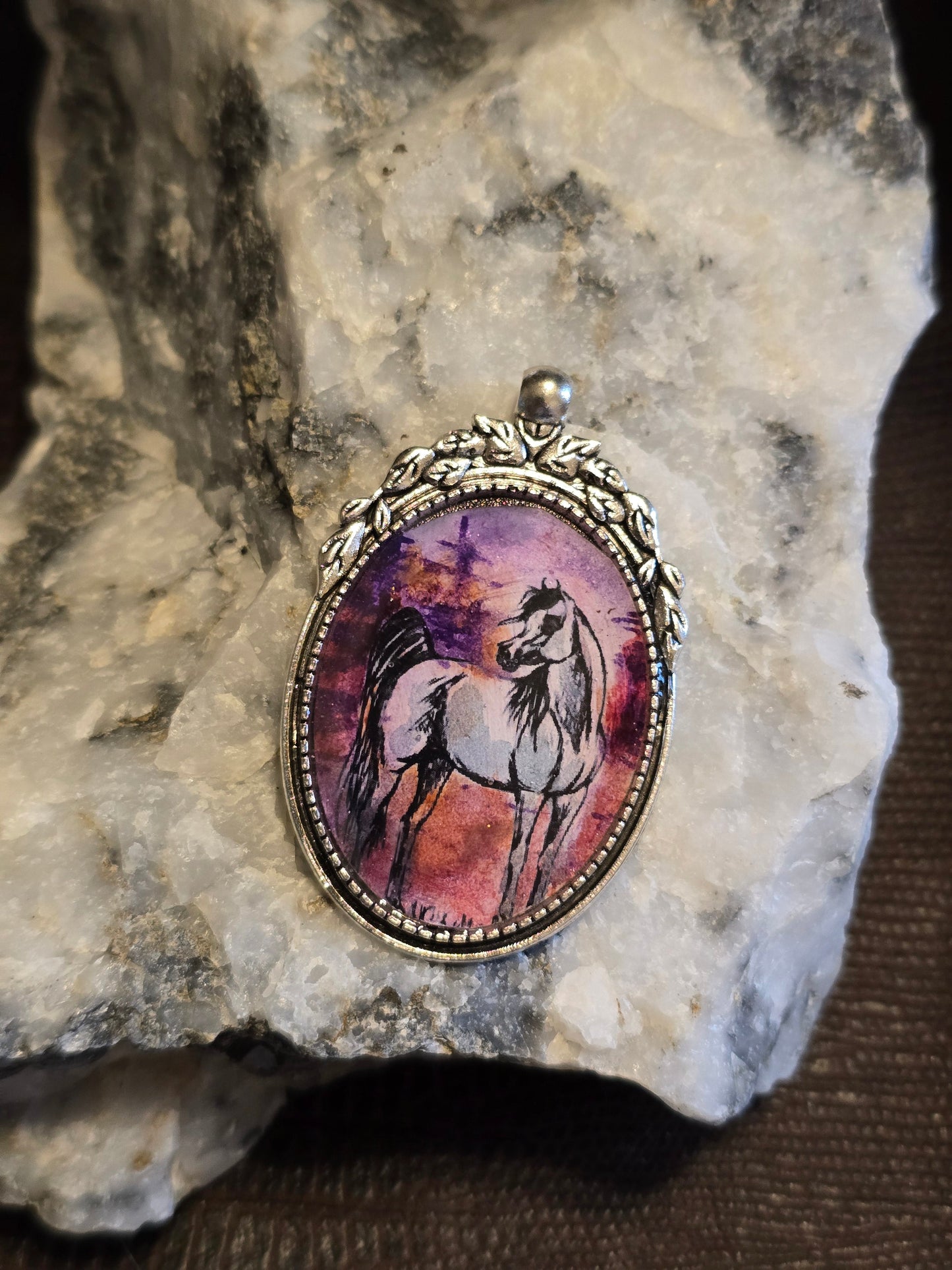 Desert Sunset Hand-Painted Arabian Horse Portrait Pendant, Nickel Silver Setting