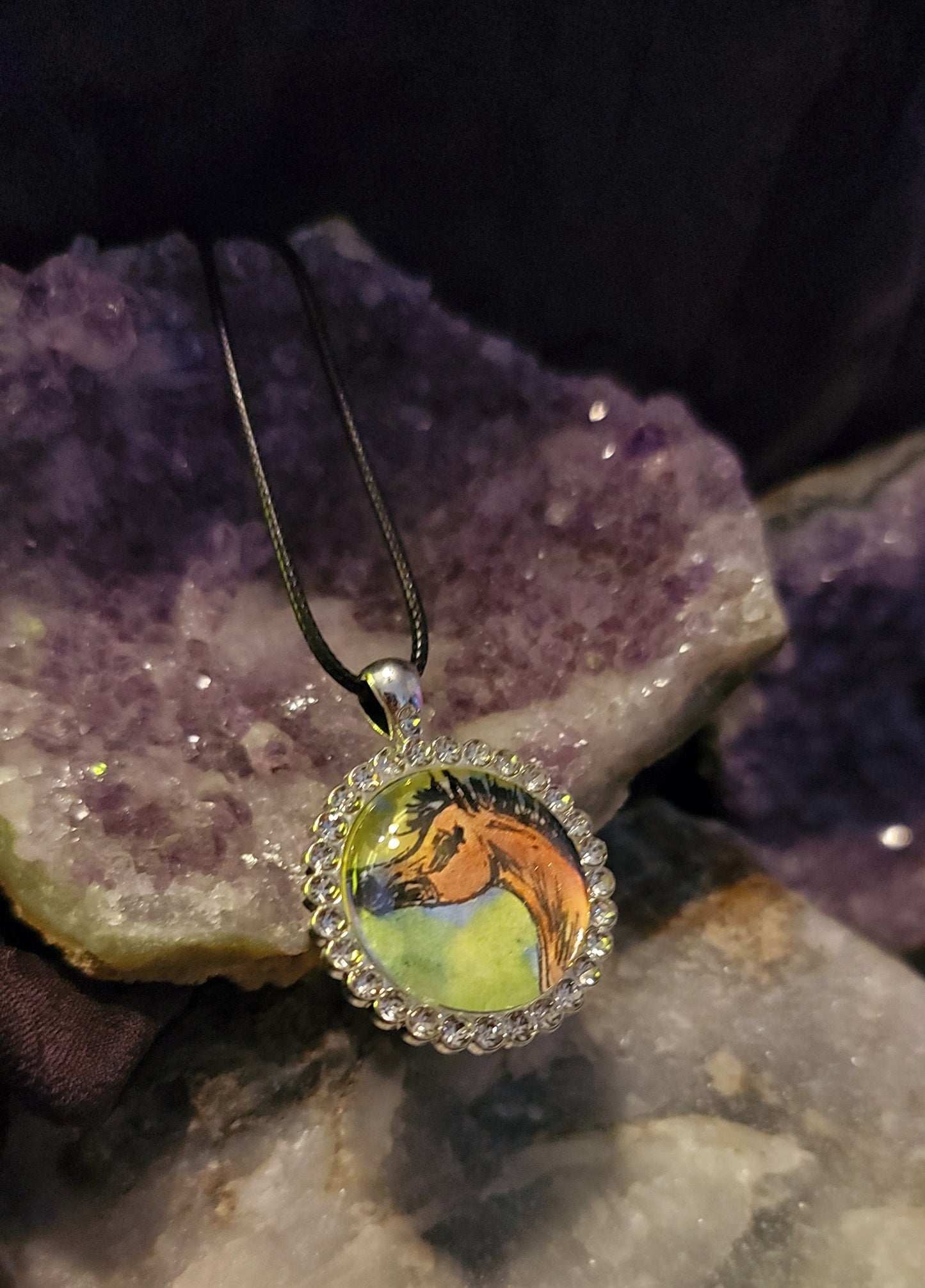 Original Watercolor painting Foal Portrait Pendant – Silver-Plated Rhinestone Bezel