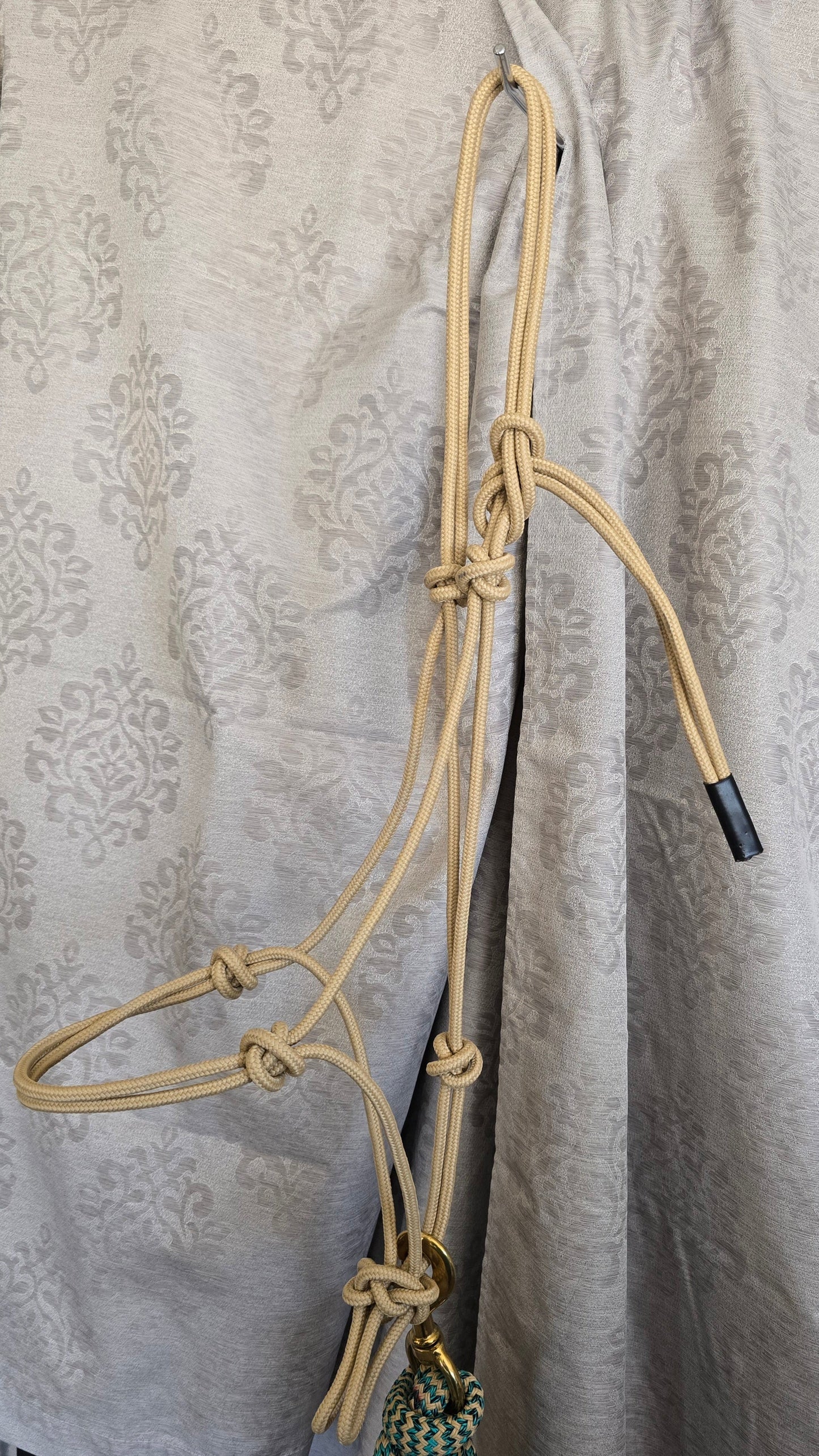 Handmade Arabian Rope Halter & Lead Rope Set — Natural/Teal, 10' Brass Snap