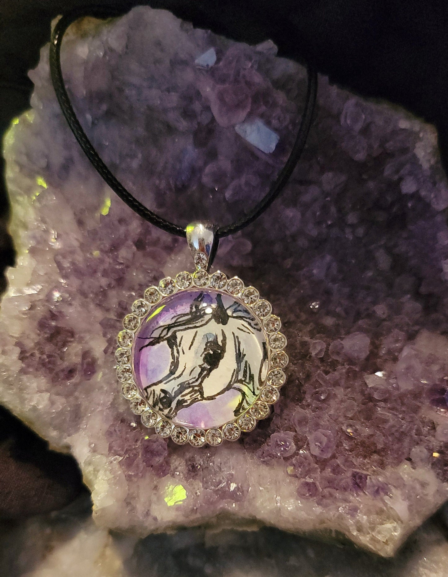 Original Watercolor Horse Pendant – Rhinestone & Glass