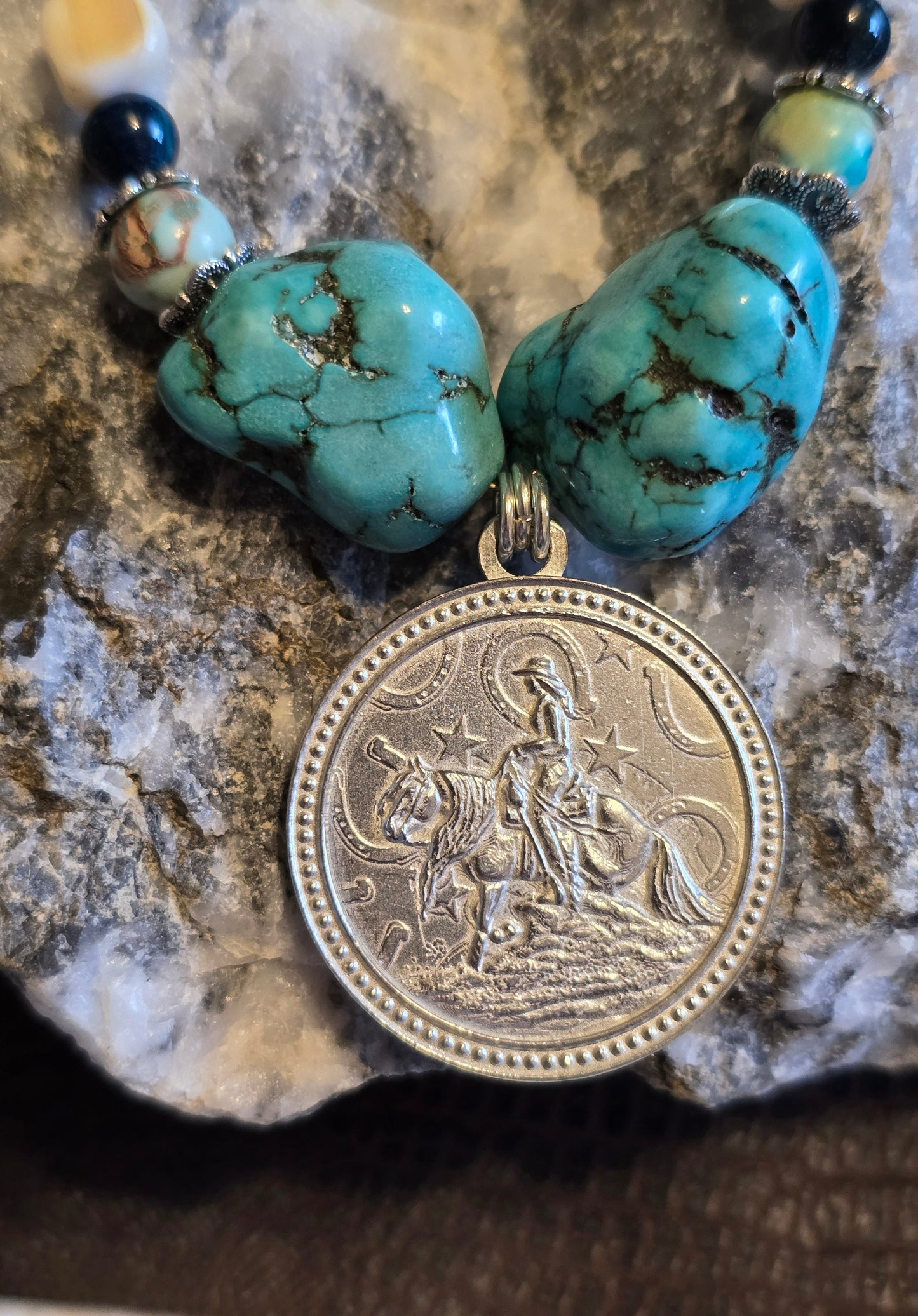 Starlight Rider Cowgirl Reiner Pendant Necklace, Turquoise Nuggets & Imperial Jasper