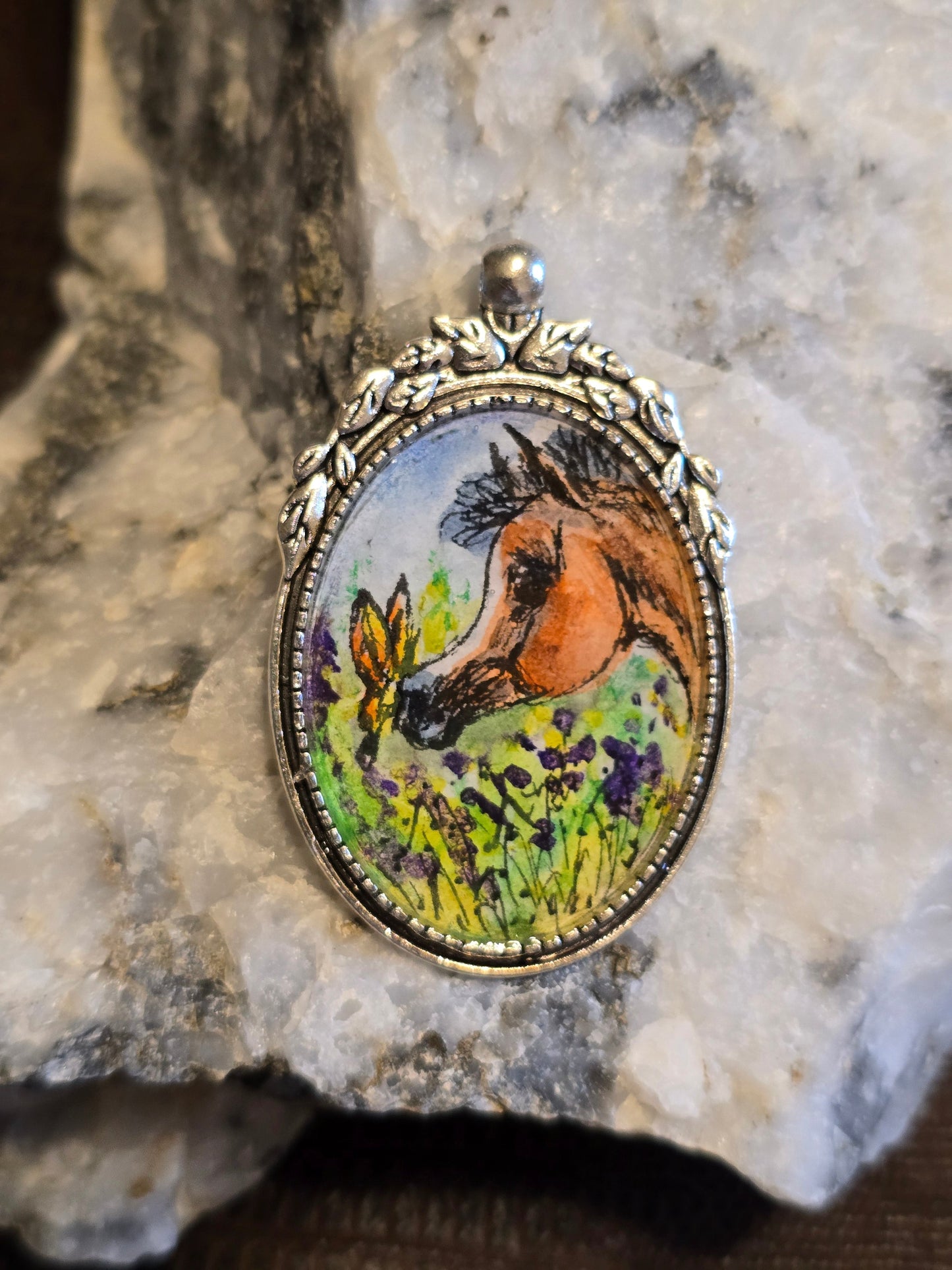 Meadow Magic — Hand-Painted Horse & Butterfly Portrait Pendant, Nickel Silver Setting