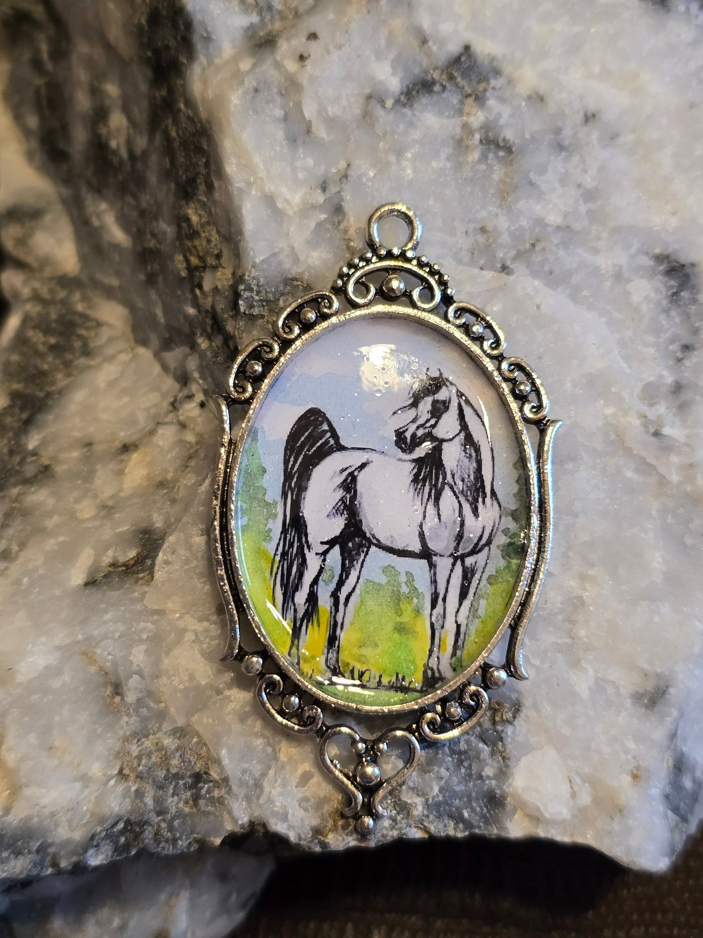 Summer Grace — Hand-Painted Arabian Horse Portrait Pendant, Sterling Silver Setting