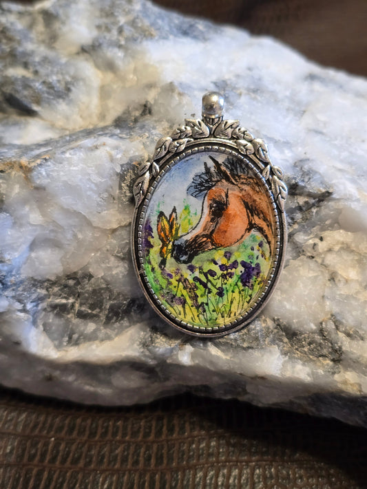 Meadow Magic — Hand-Painted Horse & Butterfly Portrait Pendant, Nickel Silver Setting