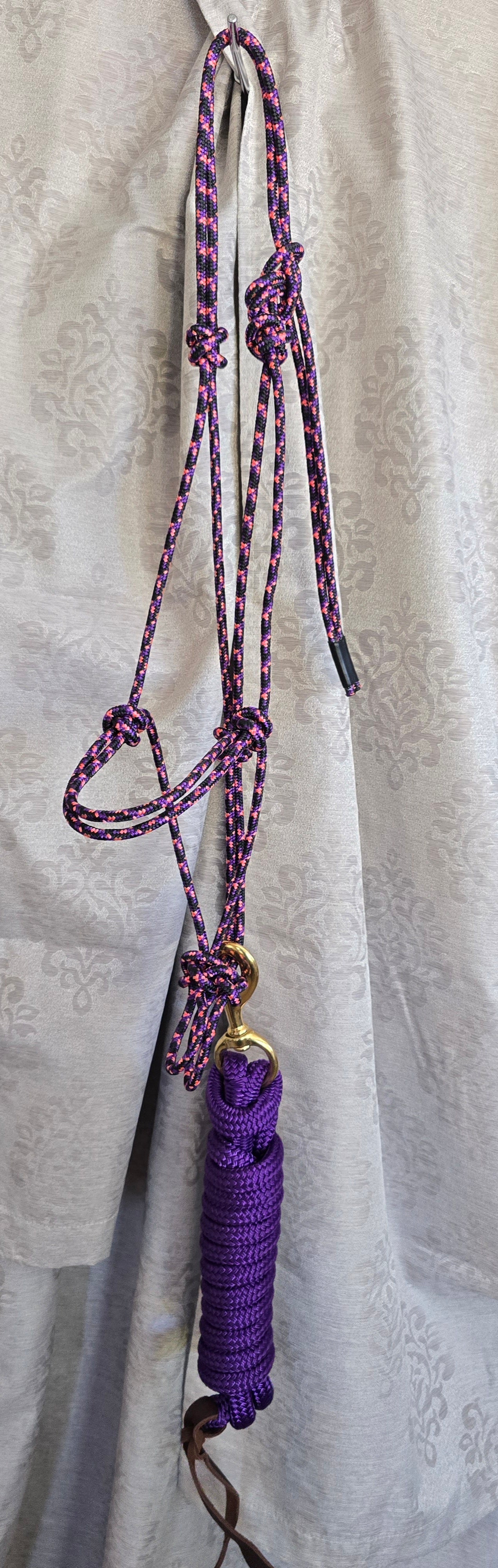 Handmade Arabian Rope Halter & Lead Rope Set — Black/Pink/Purple & Solid Purple, 10' Brass Snap