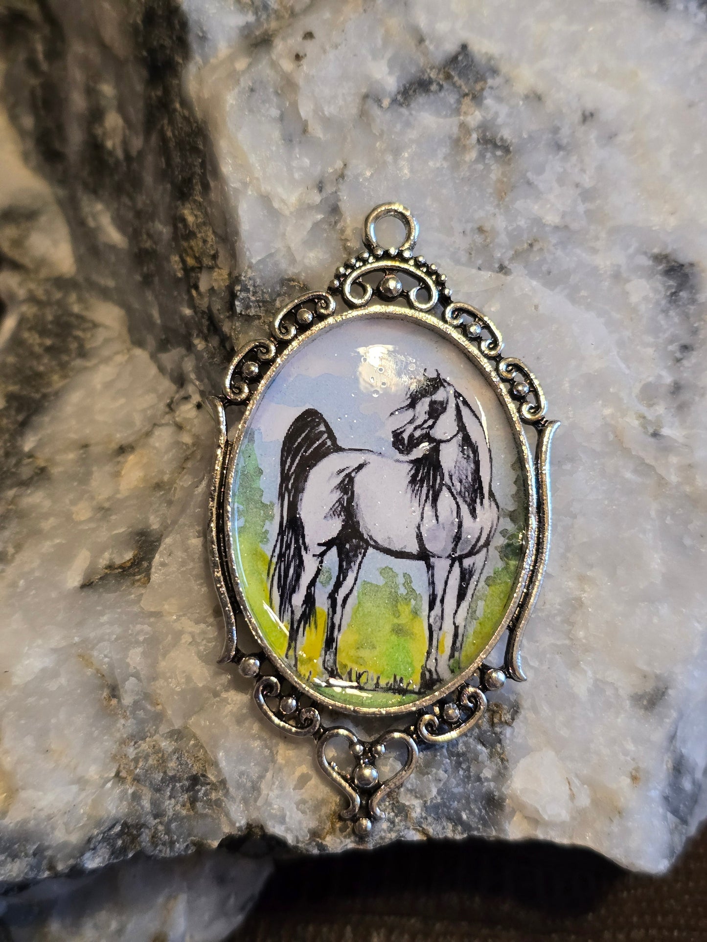 Summer Grace — Hand-Painted Arabian Horse Portrait Pendant, Sterling Silver Setting