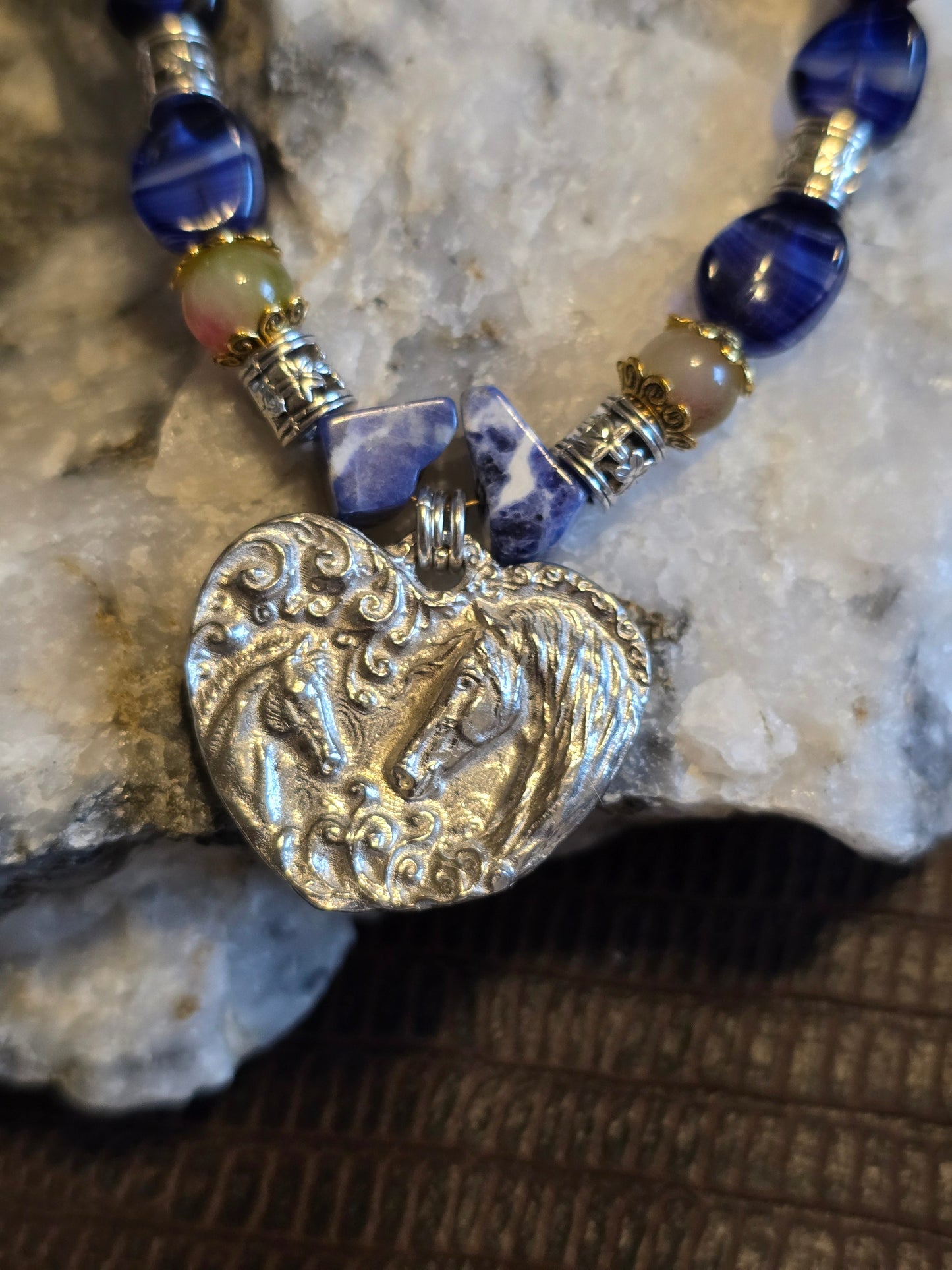 Two Hearts Double Horse Heart Pendant Necklace, Blue Agate, Fuchsia Crystal & Sodalite